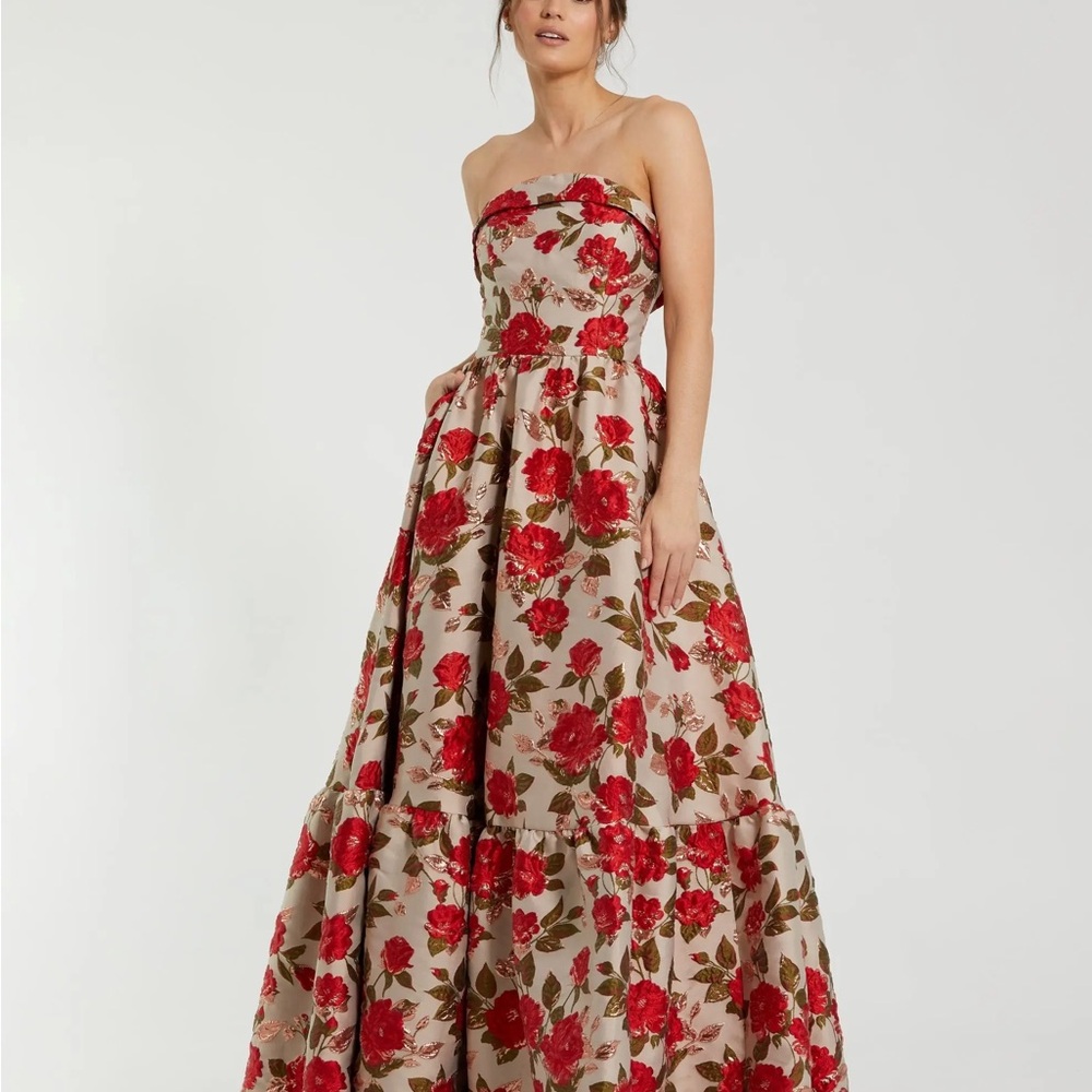 Multicolor Brocade Strapless Floral Gown With Ruffle Hem